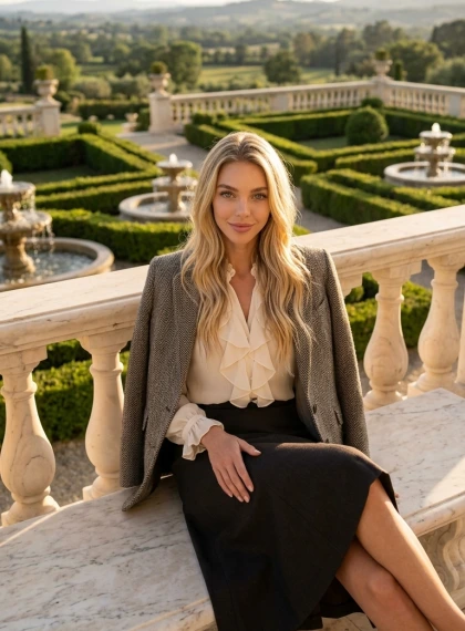 Ontspannen Elegante Vrouw op Luxe Stenen Terras - Gouden Uur Portret in Ultra Fotorealisme