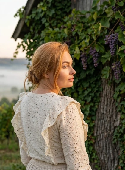 Over-the-shoulder portrait: turned head looks at an antique wooden hut covered with ivy and blooming grapes. Soft sid...