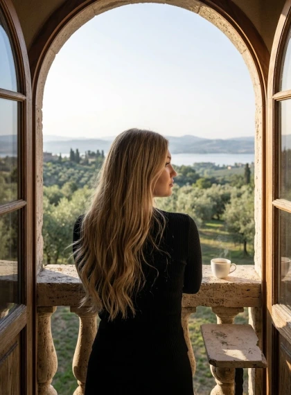 Over-the-shoulder shot: figure gazing at a serene landscape through open terrace doors, posture straight yet relaxed,...