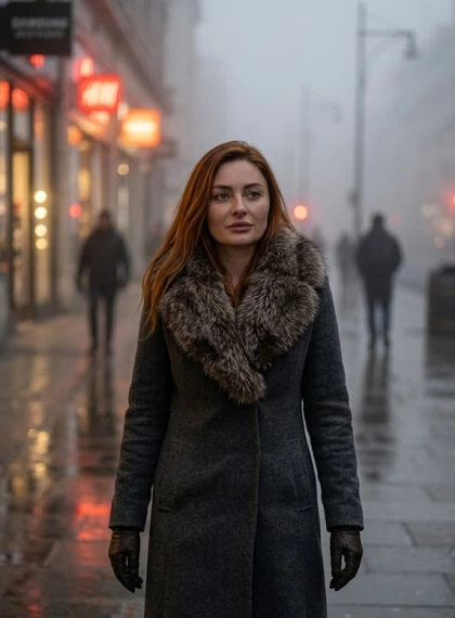 Oxford Street in the fog with shop lights, restrained, walking along rows of shop windows, blurred silhouettes in the...
