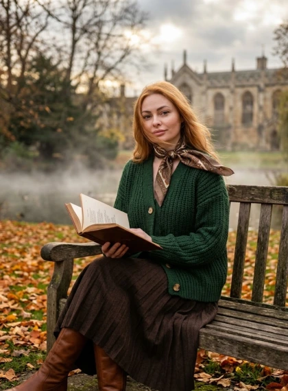 Parc Automnal Romantique près du Collège : Femme Élégante avec Livre de Poésie