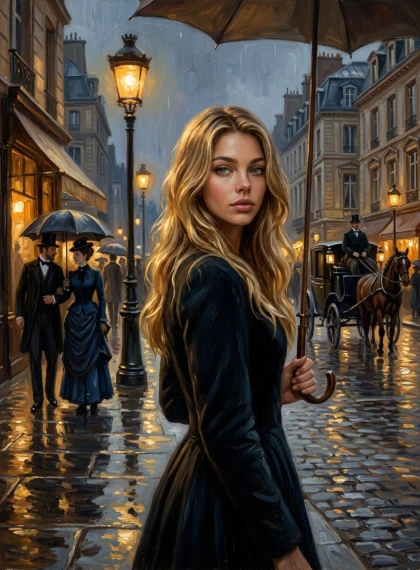 Parisian street at night in the 19th century, gas lamps illuminate the rainy pavement, elegant ladies under umbrellas...