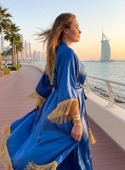 Passeggiata all'Alba su Palm Jumeirah: Figura Elegante in Vestaglia Seta Blu con Frange Oro