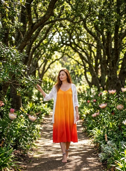 Passeig Graciós al Jardí Botànic de Kirstenbosch amb Vestit Taronja Posta de Sol | Ultra Realisme Fotogràfic