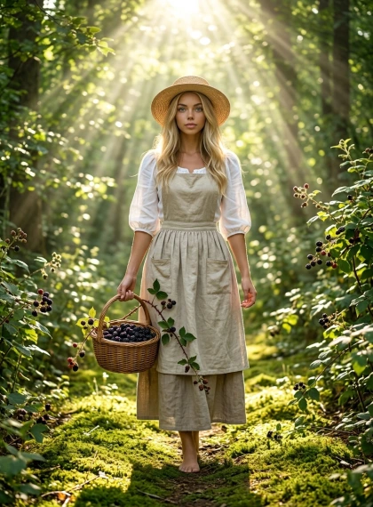 Path in the forest with blackberries, basket of berries in hand, stems clinging, sun rays through the leaves, moss un...