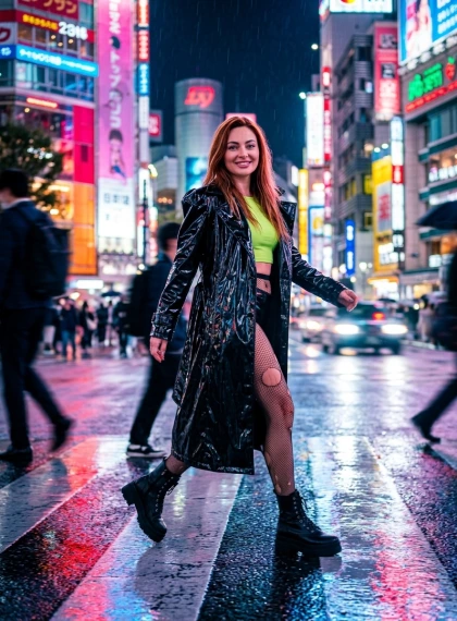 Pejalan Kaki Dinamis di Persimpangan Shibuya Malam Hari dengan Mantel Trench Vinyl Hitam Glossy dan Crop Top Neon Hijau