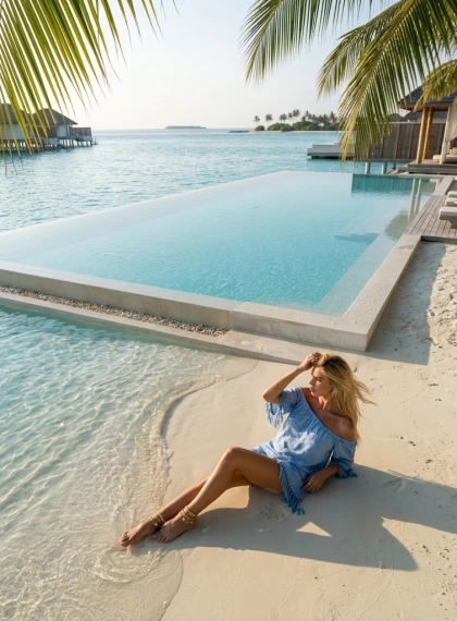 Pensive Woman Reclining on White Sandy Beach in Blue Off-Shoulder Linen Top - Golden Hour Drone Shot