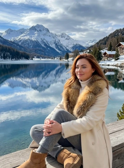 Photo Cinématique Luxe : Élégance Ivoire au Lac de Saint-Moritz
