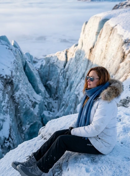 Photo Ultra-Réaliste : Contemplation au Bord de la Falaise de Breiðamerkurjökull, Brouillard Matinal et Glacier Massif