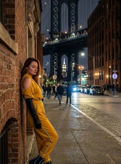Photo ultra-réaliste personne en combinaison dorée contre mur Washington Street DUMBO Manhattan nuit