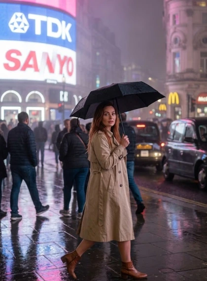 Piccadilly Circus Neon Malam Berkabut: Lampu Iklan Menerobos Kabut, Realisme Ultra Foto