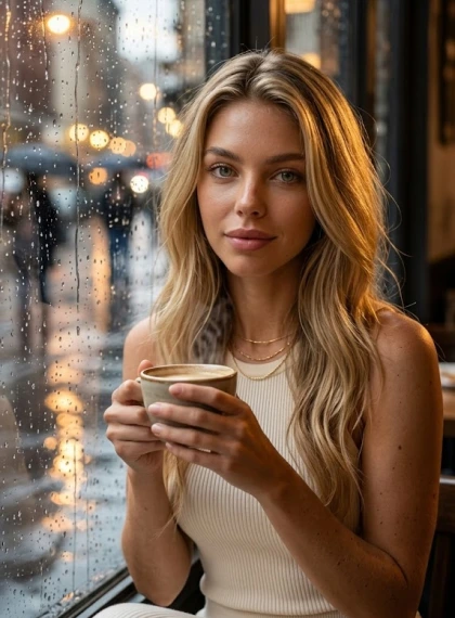 Portrait by the cafe window, steam from hot coffee rising up, rain tapping on the glass, blurred lights of street lam...