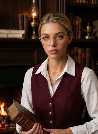 Portrait by the fireplace in an antique study: face in glasses with thin frame, hair neatly combed back, holds a volu...