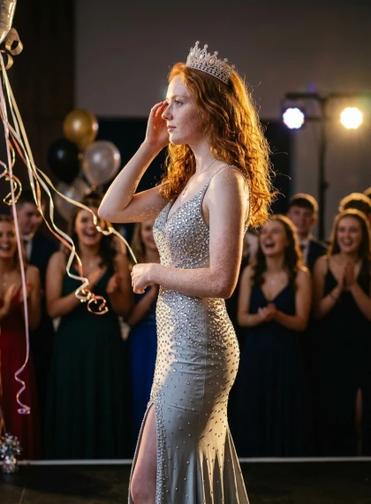 Portrait en profil d'une figure couronnée sur scène : robe sirène argentée Swarovski, éclairage doré dramatique