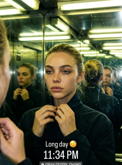 Portrait in the elevator, mirror walls reflect infinity, slight fatigue after the day, fingers adjust the collar, flu...