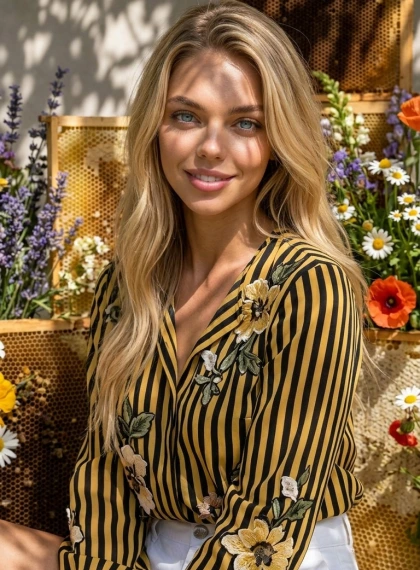 Portrait photoréaliste femme en blouse rayée noir-jaune, fond ruches et fleurs sauvages