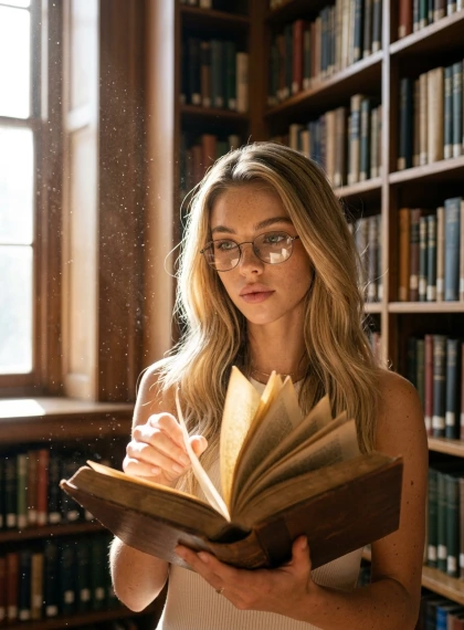 Portrait with a book in the library: pages flipping, glasses on the nose, dust particles in a beam of light from the ...