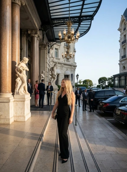 Pose Anggun di Pintu Masuk Megah Kasino Monte Carlo Saat Senja - Fotorealisme Ultra Sinematik