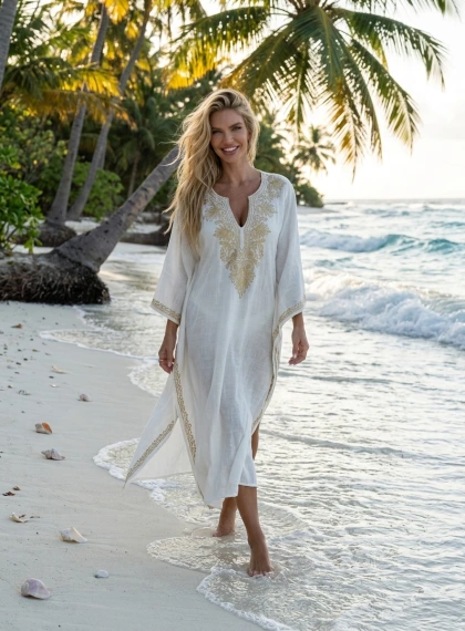 Pose Berjalan Dinamis di Pantai Pasir Putih Maladewa | Kaftan Linen Elegan Ultra Realistis