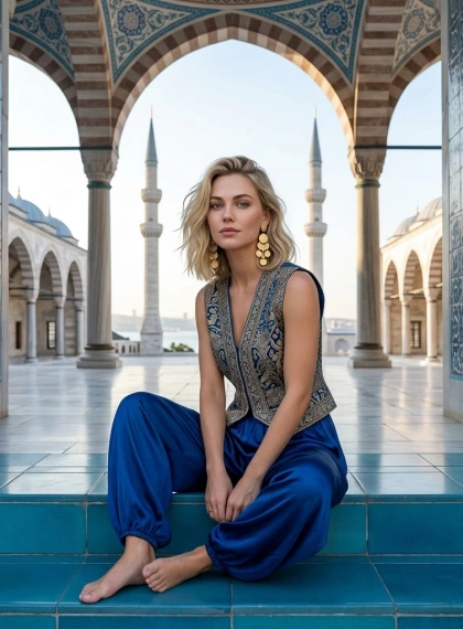 Pose Duduk Elegan di Tangga Halaman Masjid Biru Istanbul dengan Celana Harem Biru Safir