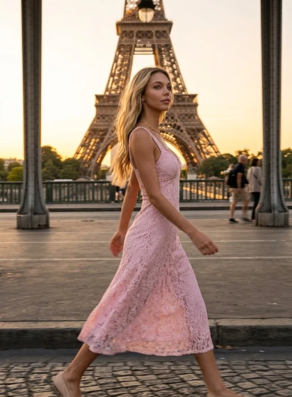 Pose Siúil Dinimiciúil ar Droichead Pont d'Iéna i dTreo Túr Eiffel ag Luí na Gréine