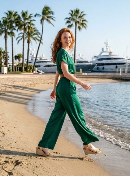 Pose Siúil Spraíúil ar Chósta Só Thrá Larvotto i Jumpsuit Síoda Glas Emerald