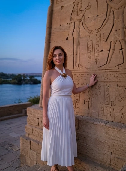 Potnica na robu templja Philae ob mraku | Fotorealistična slika Nila