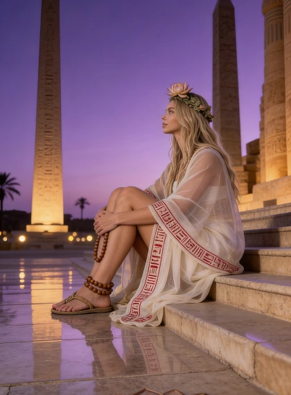 Potret Duduk di Tangga Kuil Luxor Saat Senja, Jubah Linen Transparan Hieroglif Merah, Realisme Foto Ultra