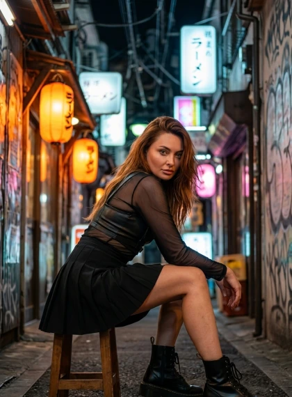 Potret Fashion Alternatif Wanita di Gang Sempit Golden Gai Tokyo, Posen Dinamis dengan Blus Mesh Hitam dan Rok Mini P...