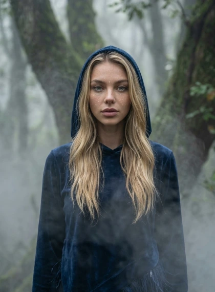 Potret Misterius di Kabut Hutan: Tatapan Melalui Kabut dengan Hoodie Beludru Biru Tua Asimetris