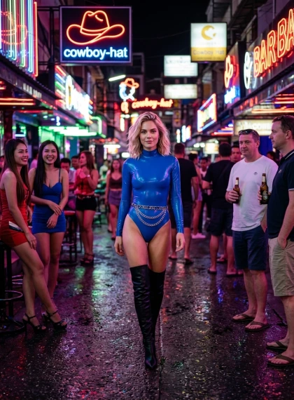 Potret Sinematik Gang Neon Soi Cowboy: Wanita Latex Biru Listrik di Aspal Basah Bercahaya