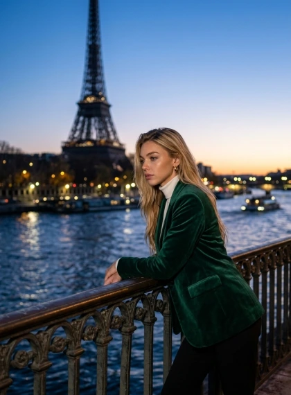 Poziție Contemplativă pe Malul Senei cu Turnul Eiffel la Amurg – Blazer Catifea Smarald Ultra-Realist