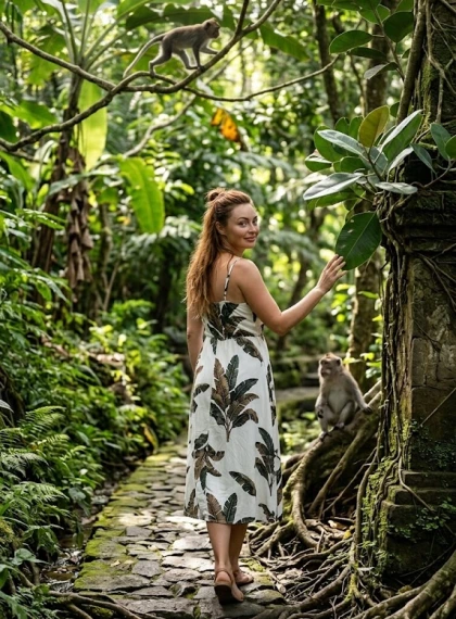 Procházka v lese opic Ubud: Žena v tropických šatech s banánovými listy
