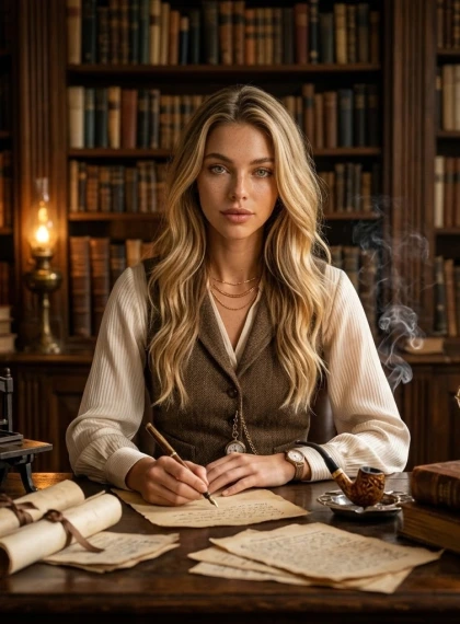 Professor's office with a massive oak desk cluttered with manuscripts, parchment scrolls, and an antique printing pre...