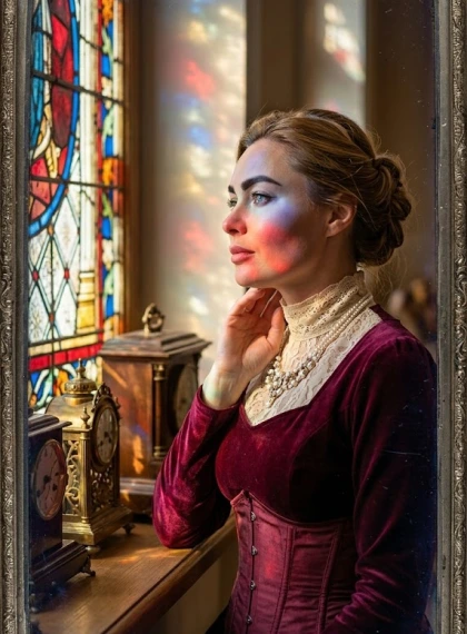 Profile portrait against a window with stained glass, slight head tilt, hand touches the neck, sun rays pierce colore...