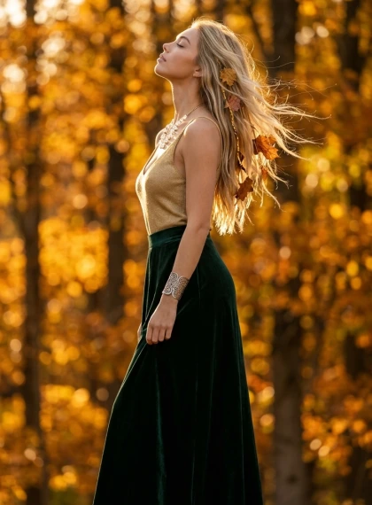 Profile turned to the sun, wind blows strands of hair with woven leaves, golden trees in the background, soft contras...