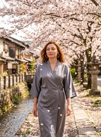 Promenade poétique sur le Chemin du Philosophe à Kyoto sous les cerisiers en fleurs | Kimono gris soyeux