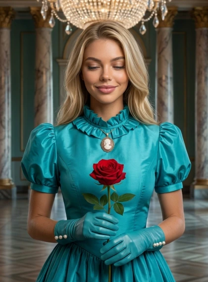 Regal posture with shoulders squared, hand extended as if offering a rose, serene smile with eyes half-closed in reve...