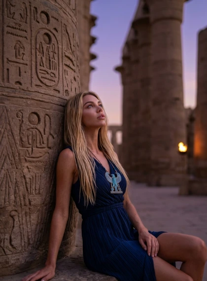 Relaxed seated pose against a pillar of the Karnak Temple at dusk, violet and orange tones illuminating the hieroglyp...