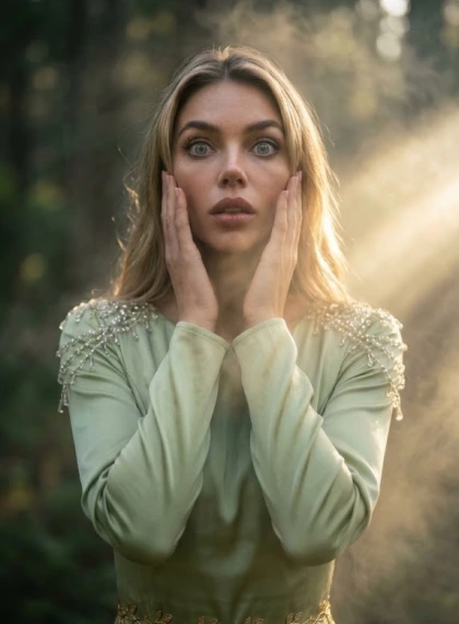 Retrato Cinematográfico Mujer Vestido Verde Seda - Hora Dorada Bosque Brumoso