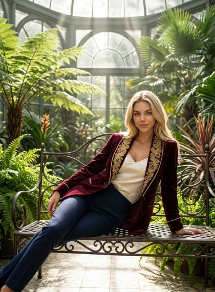 Retrato Elegante em Estufa Iluminada pelo Sol com Plantas Exóticas | Ultra Realismo Fotográfico