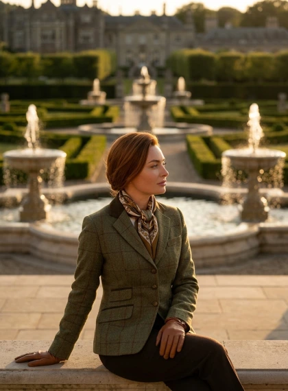 Retrato Elegante en Terraza de Jardín con Fuentes y Setos Recortados al Atardecer