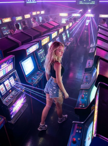 Retro Arkadna Dvorana Prihodnosti: Neonski Pixel Svet z Laserji in Sintetizatorji