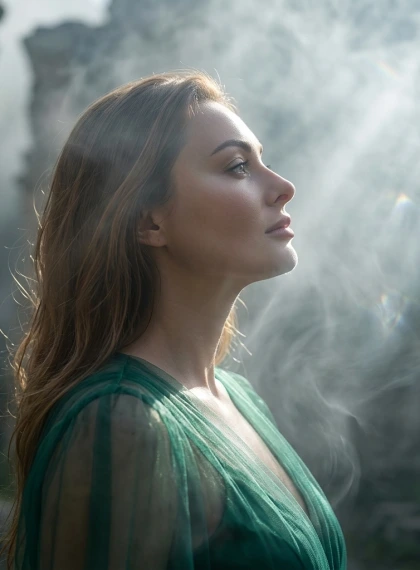 Ritratto Profilo Donna Eterea: Sguardo nella Nebbia Vorticosa, Abito Seta Smeraldo, Luce Volumetrica e Rovine Antiche...
