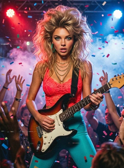 Rock band concert in an 80s VHS club: guitar solo under stroboscopes, crowd with raised hands, smoke and confetti, bi...