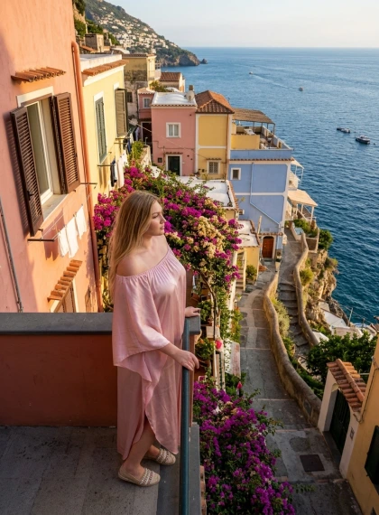 Rumah Pantai Positano Bertingkat Pastel di Golden Hour dengan Kaftan Pink Mengalir