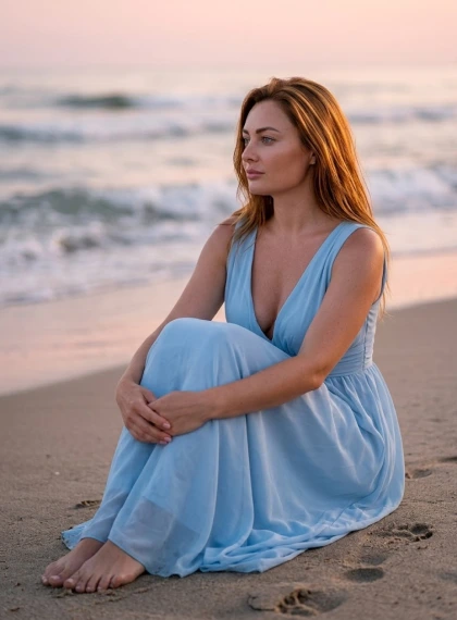 Sedi na plaži ob sončnem vzhodu v modri šifon obleki