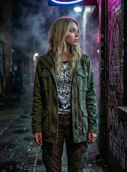 Seistes vilkuva 'OPEN' neonvalguse all: Urbane grunge mees suitsuses ööpildis