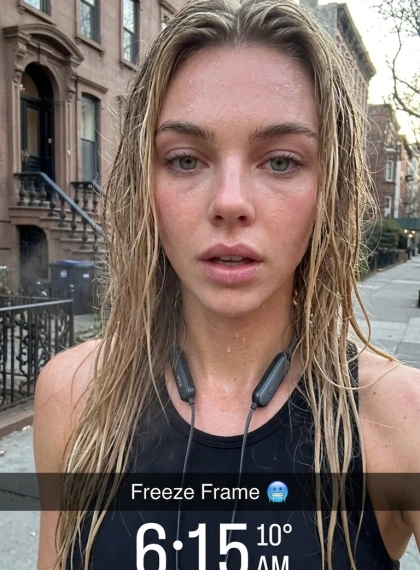 Shot during a run: selfie with hair wet from sweat, breath visible in the cold air, city houses in the blurred backgr...