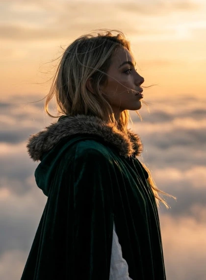 Silhuet i profil ved orange solnedgang – Elegant hoveddrejning i skovgrøn fløjlskappe, 8K ultra fotorealisme